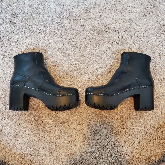 NEW Swedish Hasbeens Mikaela Black Leather Platform Clog Boots - Picture 8 of 11